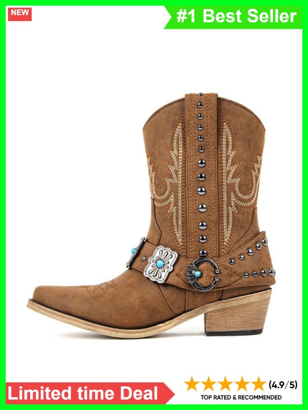 Western Cowboy Ankle Boots Pointed Toe Embroidery Studded Harness Synthetic